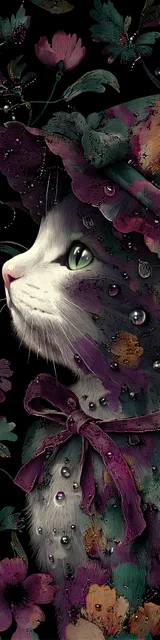 Cat bookmarks featuring a looking left white face cat with purple ribbon